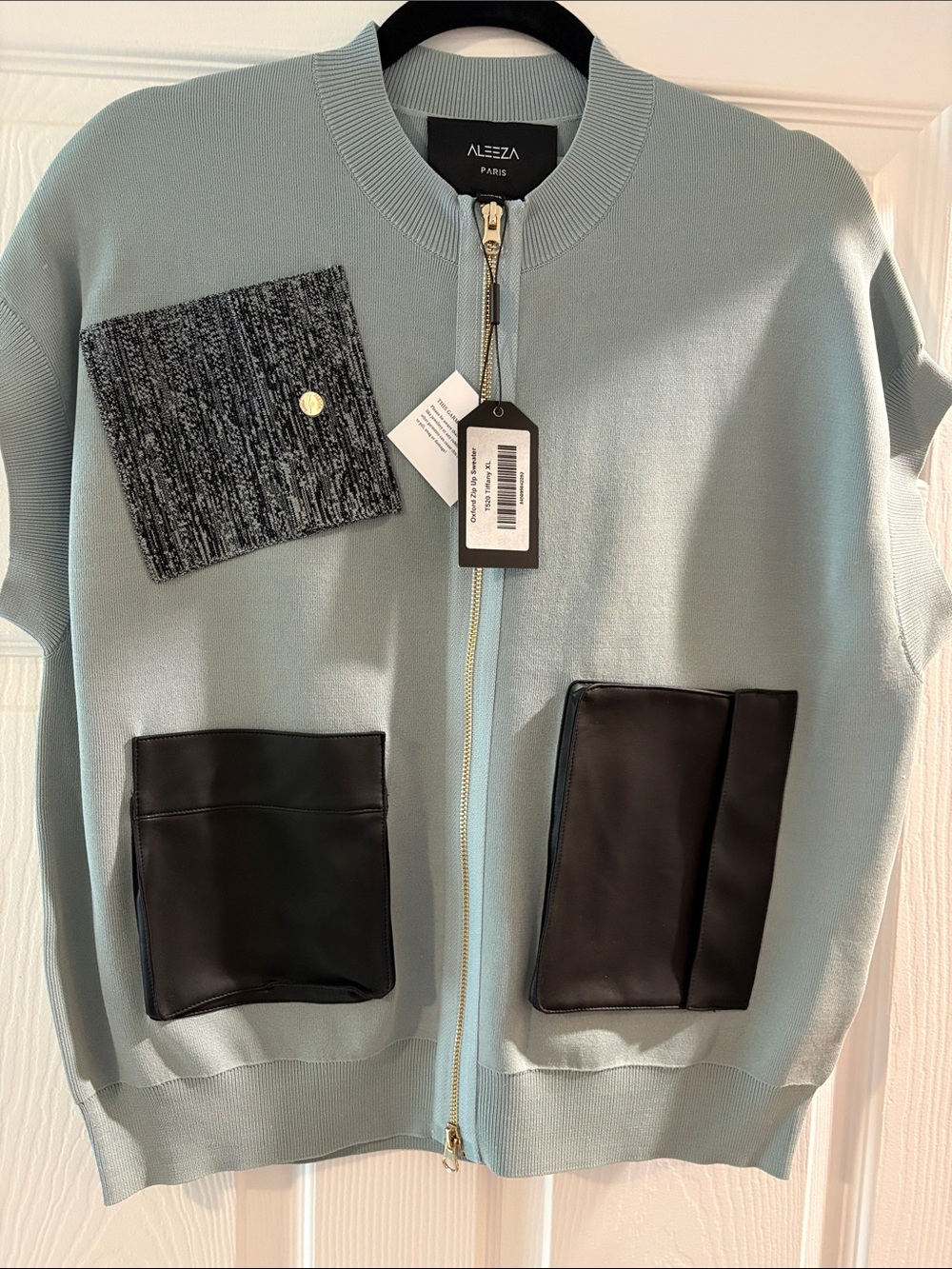 ALEEZA Light Sage Bomber Jacket with Black Leather Pockets